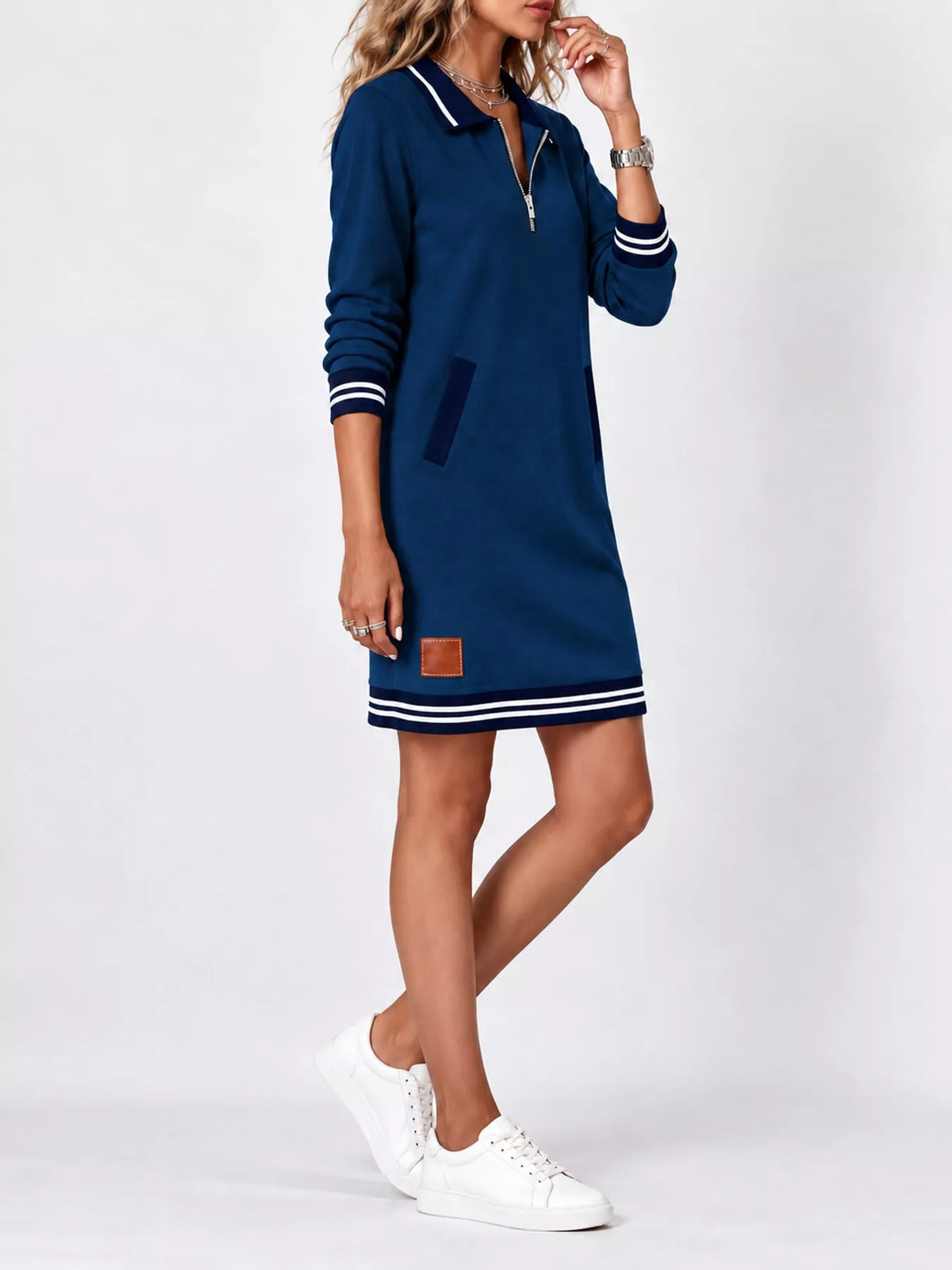full size zip-up polo collar knit dress plus | dropsona - neutral - usage example