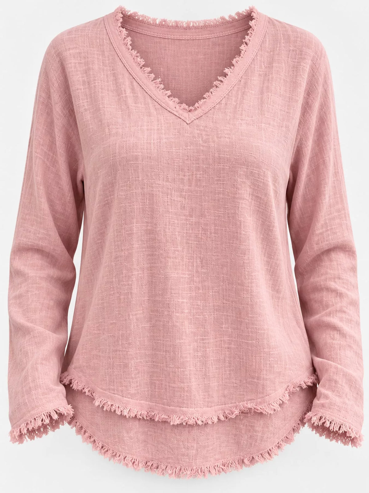 full size frayed hem v-neck blouse plus | dropsona - neutral - close-up detail