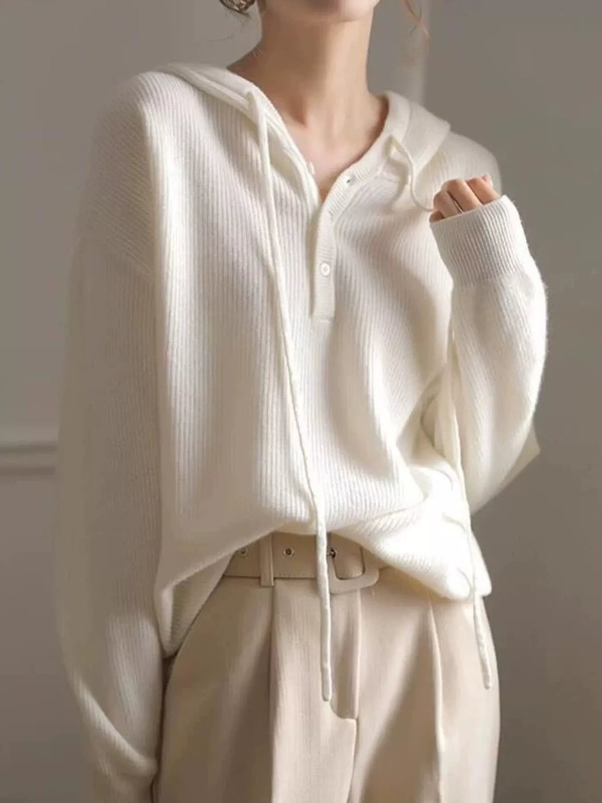 drawstring button detail hooded sweater | dropsona - neutral - everyday use