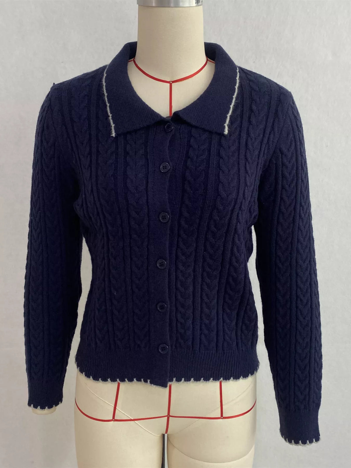 cable knit polo collar button-up cardigan | dropsona - neutral - usage example