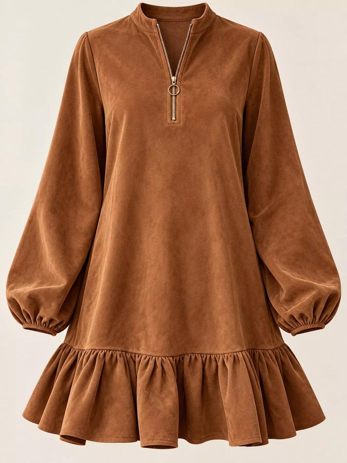 quarter-zip ruffle hem mini dress | dropsona - neutral - front view