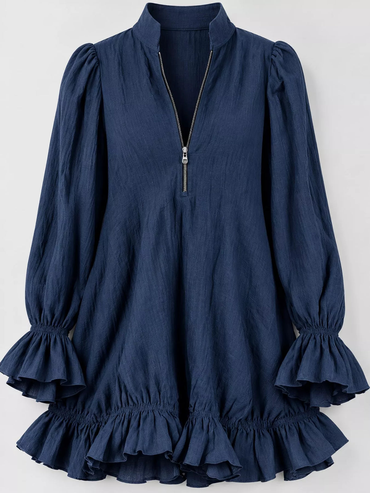zipper-front ruffle hem mini dress – zipper, ruffled | dropsona - neutral - front view