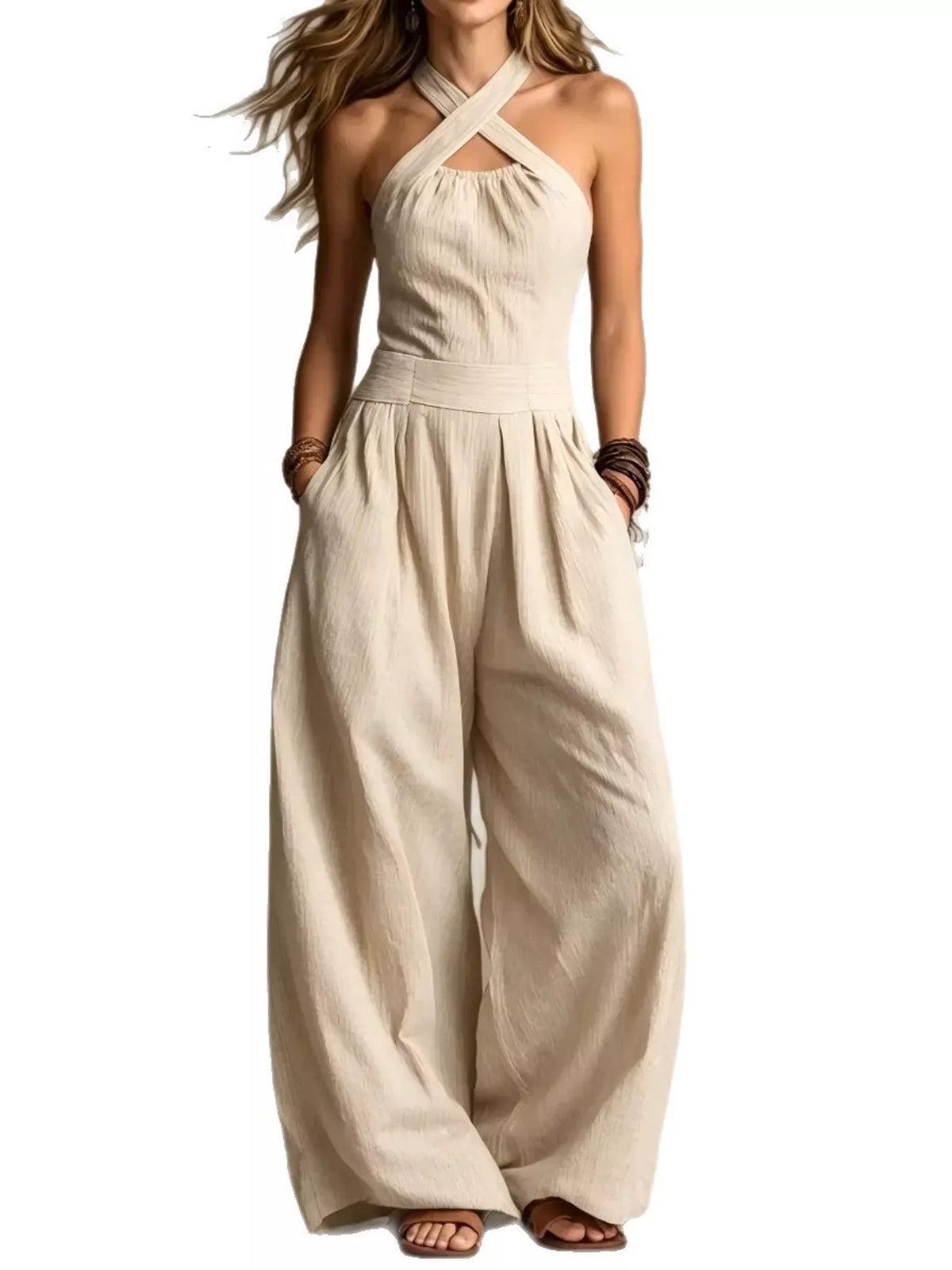 full size halter neck wide-leg jumpsuit plus | dropsona - neutral - front view