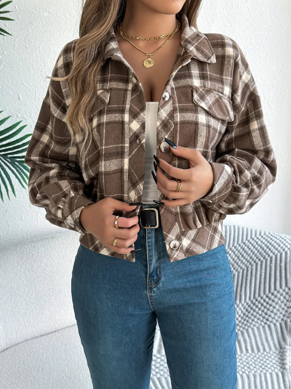plaid button up long sleeve jacket – buttoned | dropsona - neutral - front view