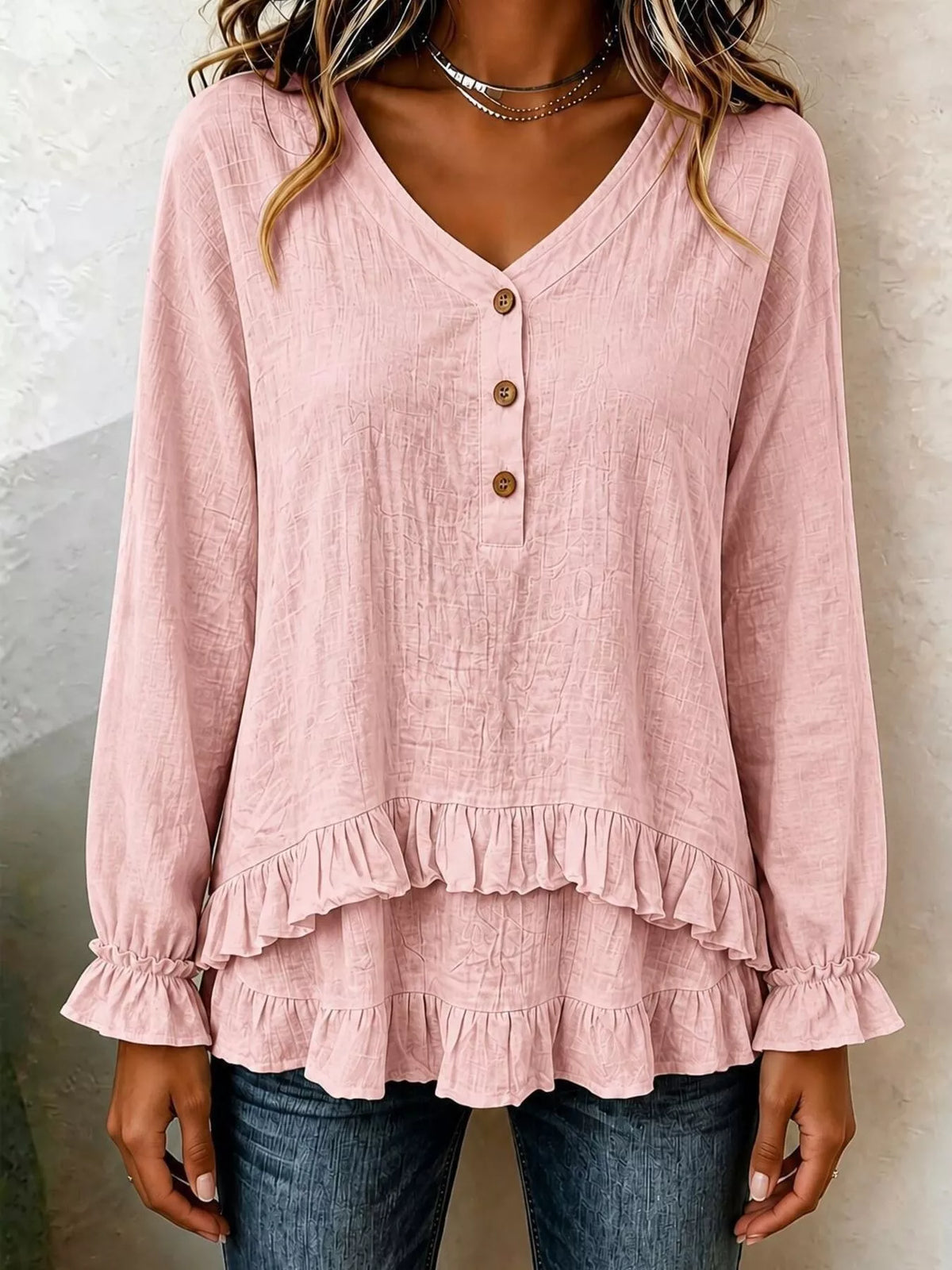 v-neck long sleeve button detail ruffled hem blouse | dropsona - neutral - packaging