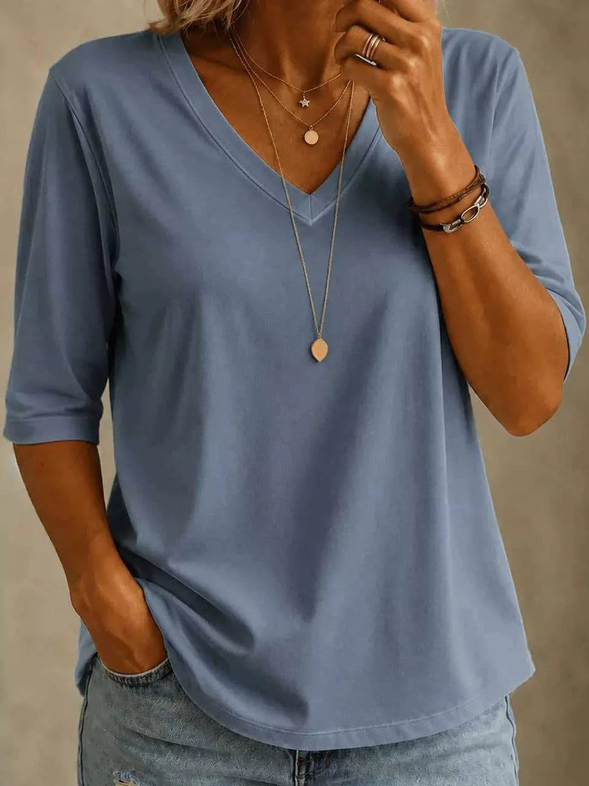 full size v-neck half sleeve t-shirt plus | dropsona - neutral - material texture
