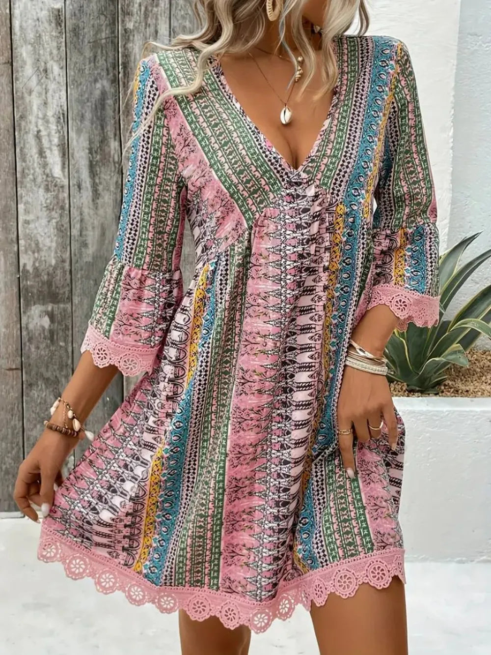 lace trim printed v-neck 3/4 sleeve dress - material texture