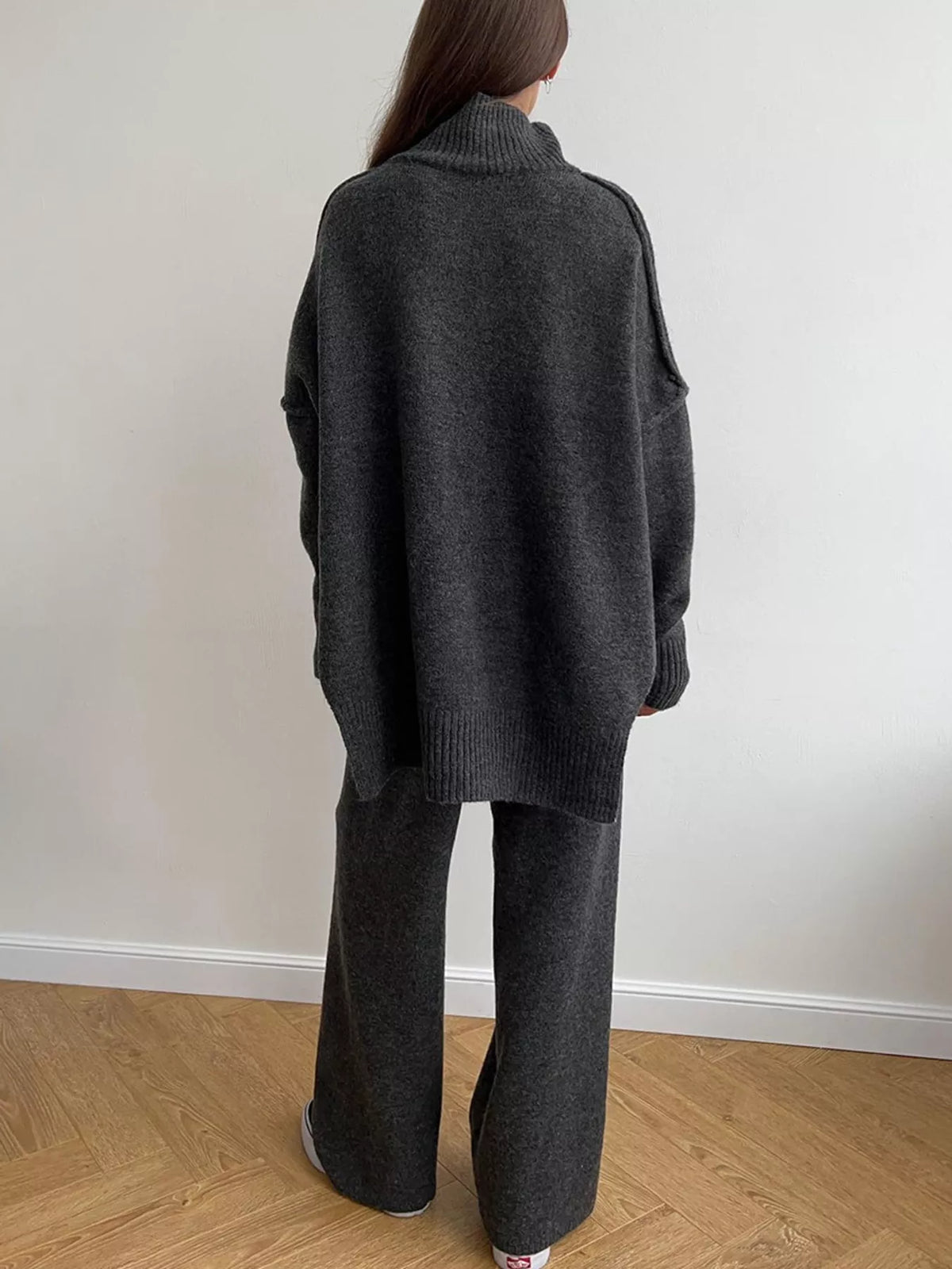 full size oversized turtleneck knit top and wide-leg | dropsona - neutral - close-up detail