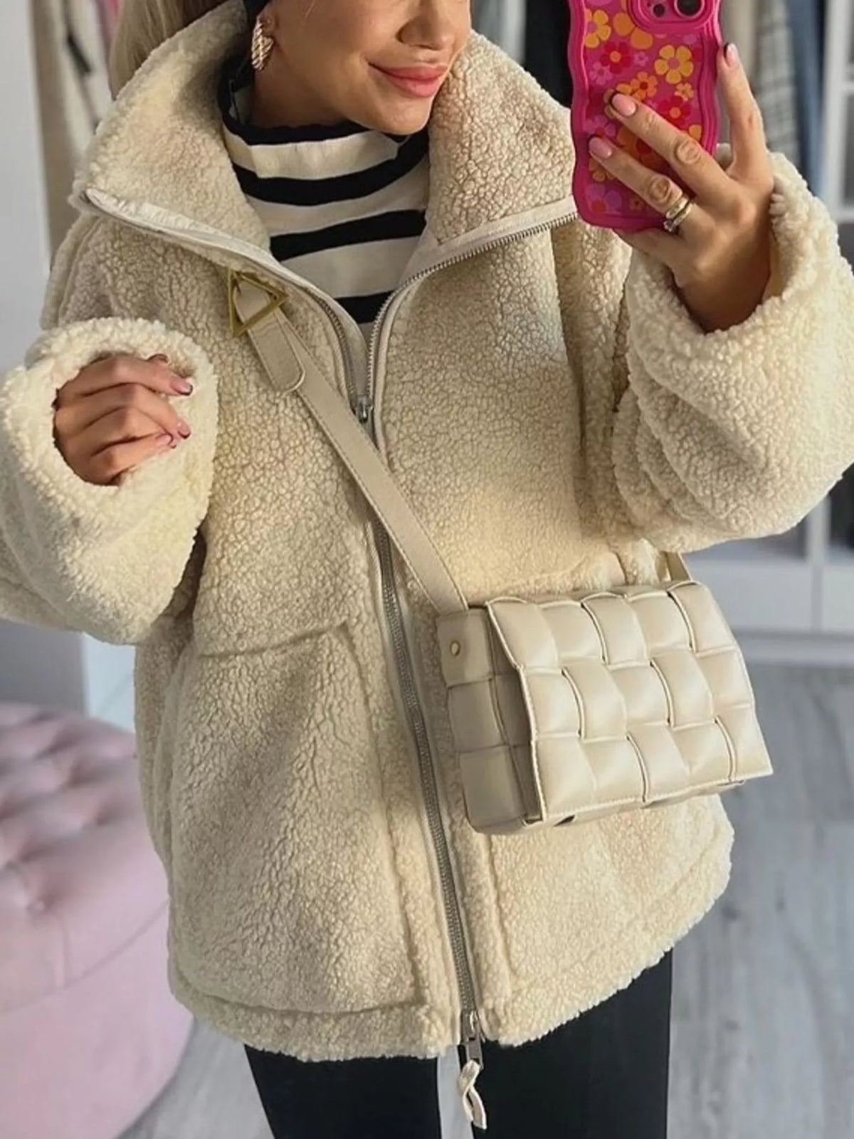 sherpa zip-up outerwear | dropsona - neutral - front view