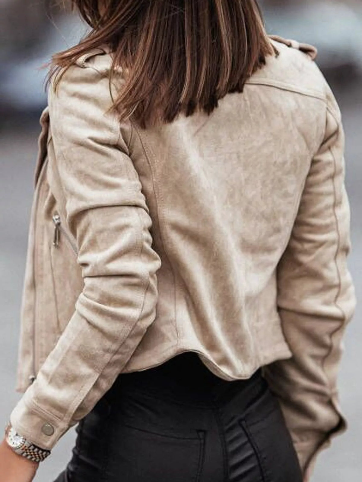 asymmetrical zipper long sleeve jacket | dropsona - neutral - front view