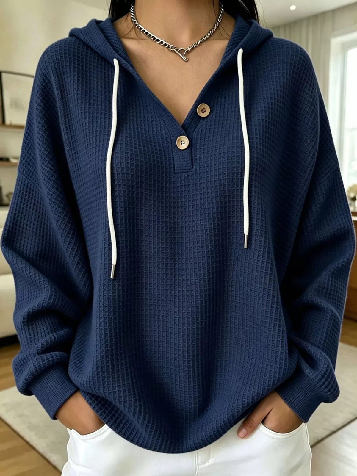 full size waffle knit button detail hoodie plus | dropsona - neutral - size reference