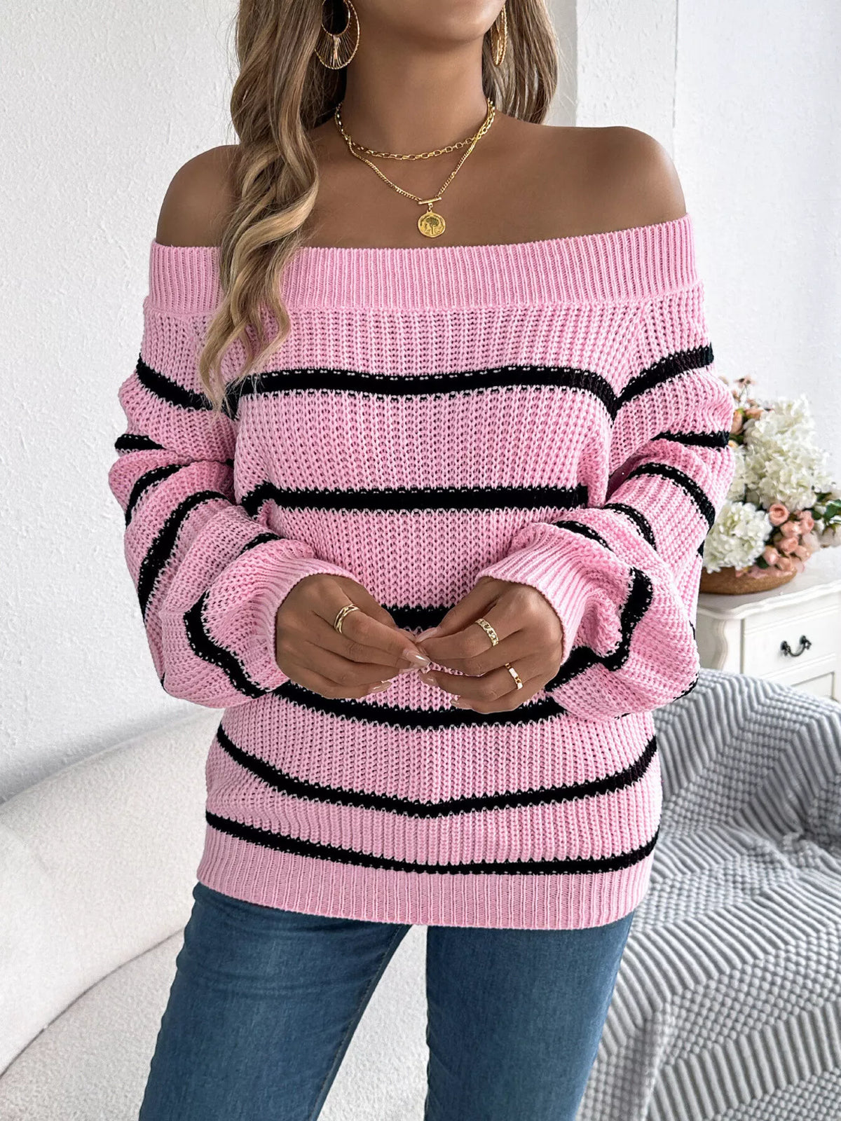 off-shoulder striped contrast sweater – basic style | dropsona - neutral - size reference
