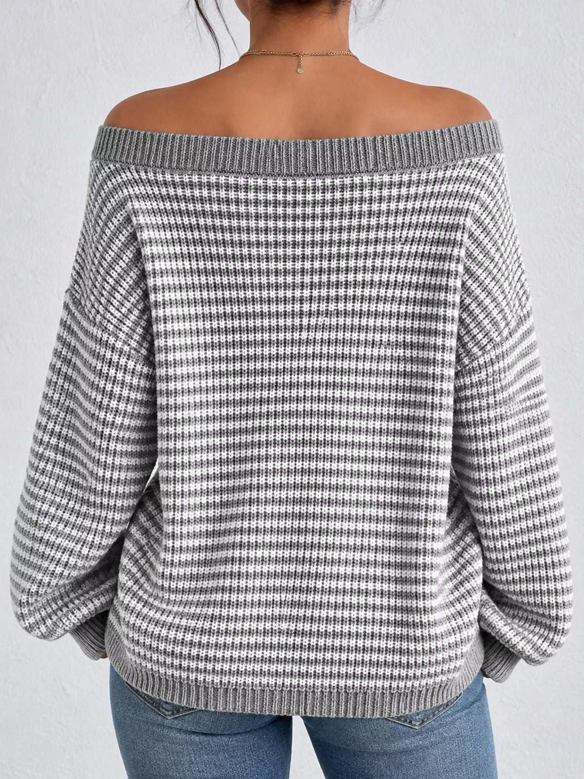 striped knit boat neck sweater – oversized,ribbed fit | dropsona - neutral - close-up detail