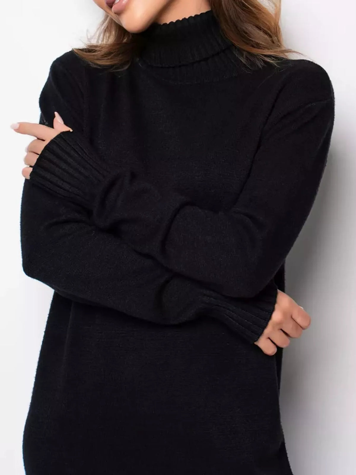 turtleneck ribbed knit sweater dress | dropsona - neutral - front view