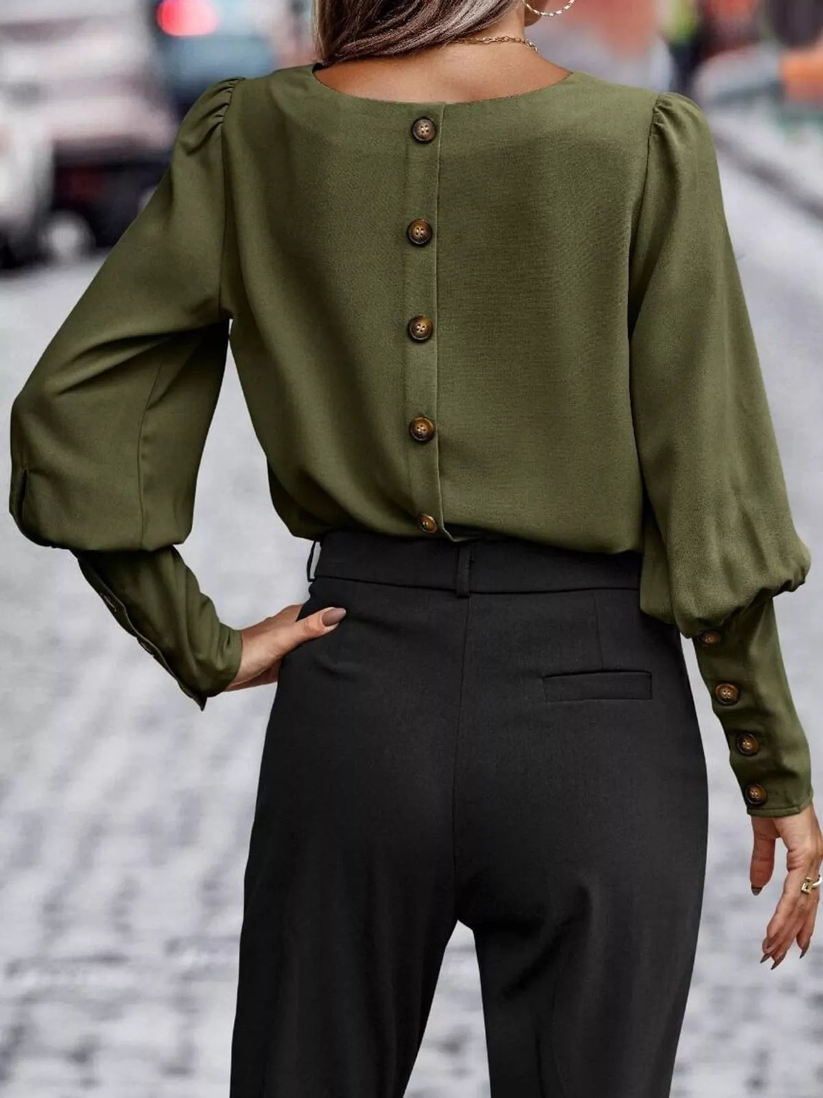 decorative button lantern sleeve blouse | dropsona - neutral - size reference