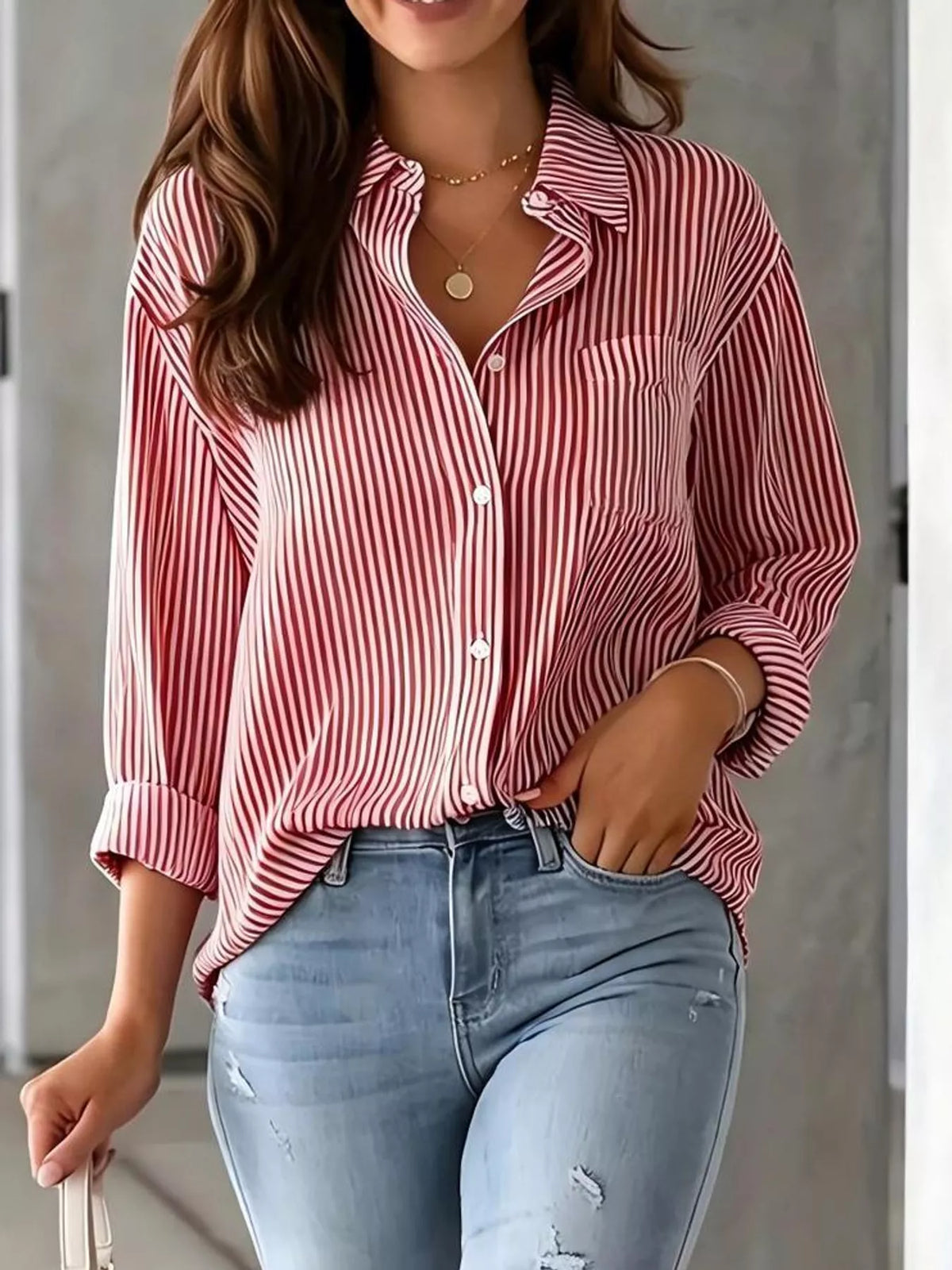 full size striped button-down long sleeve shirt plus | dropsona - neutral - size reference