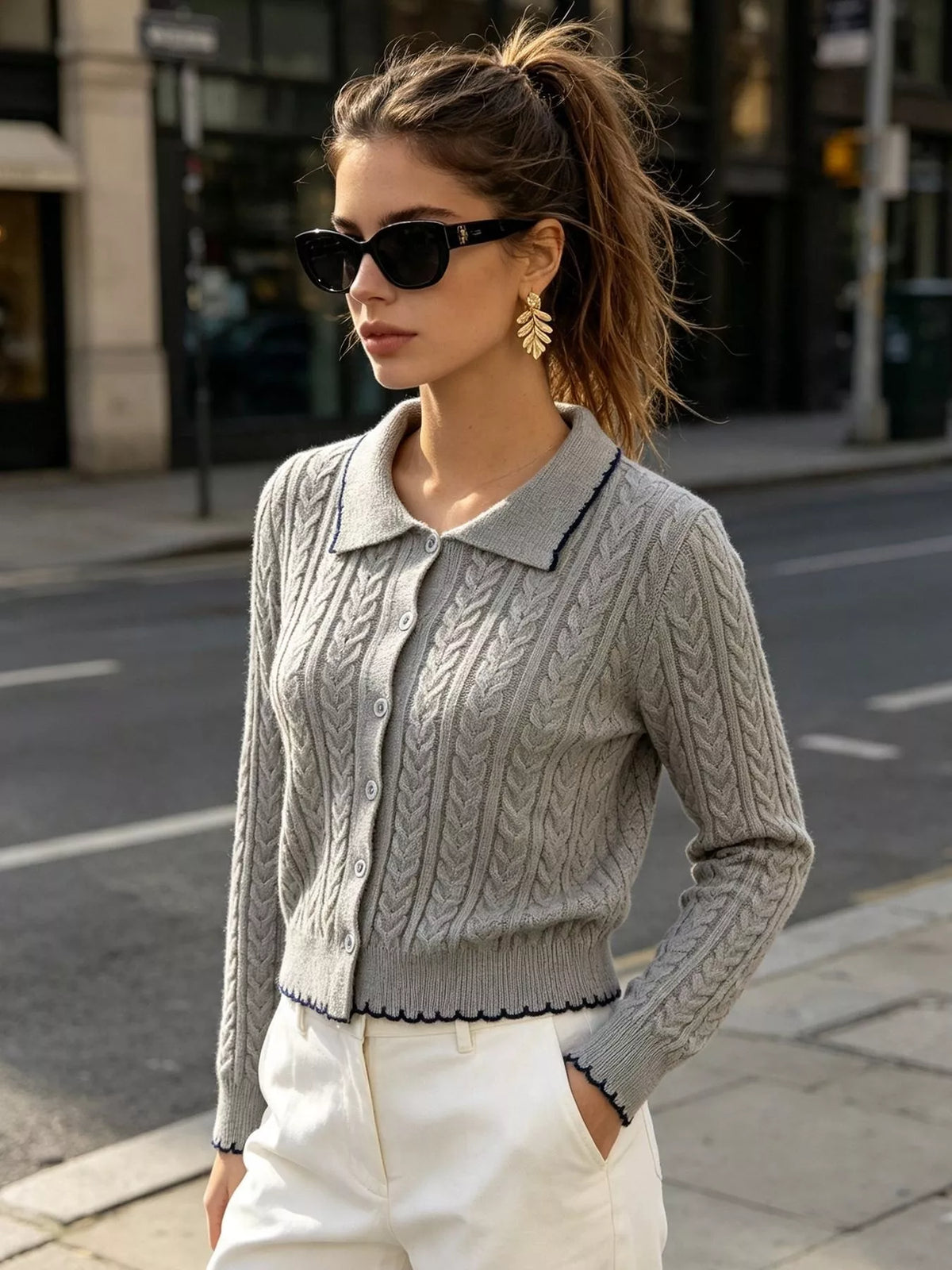 cable knit polo collar button-up cardigan | dropsona - neutral - front view