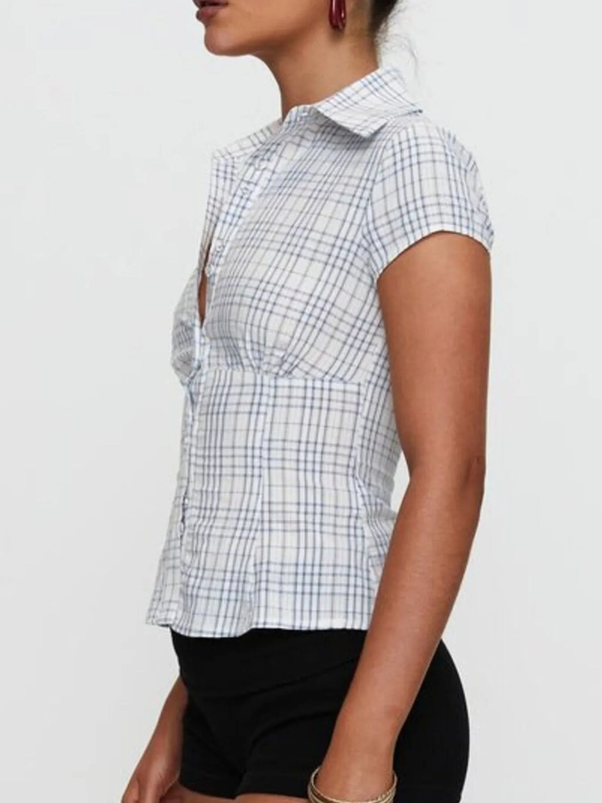 plaid short sleeve button-up shirt - front view