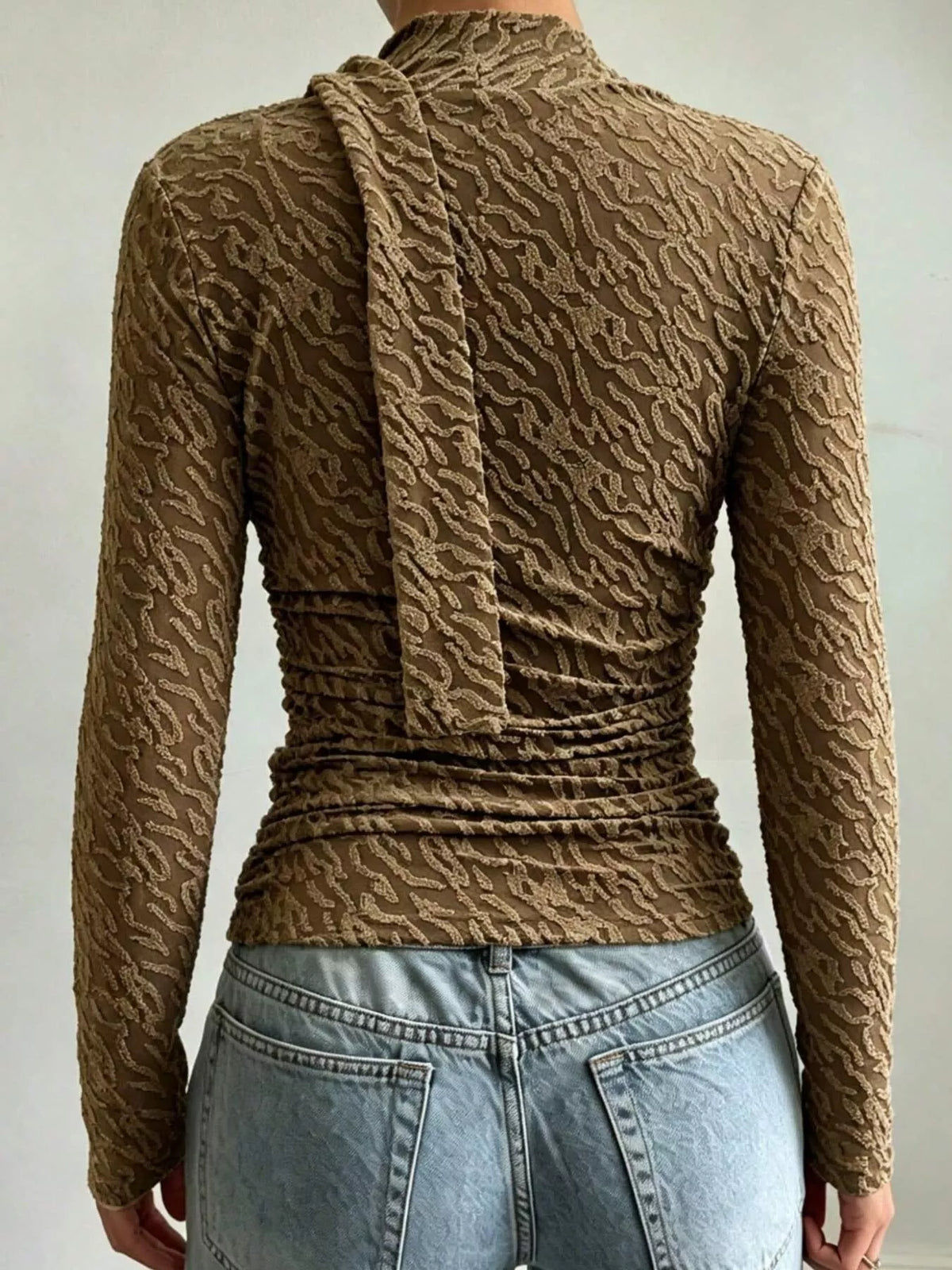 textured cowl neck long sleeve blouse with scarf | dropsona - neutral - front view