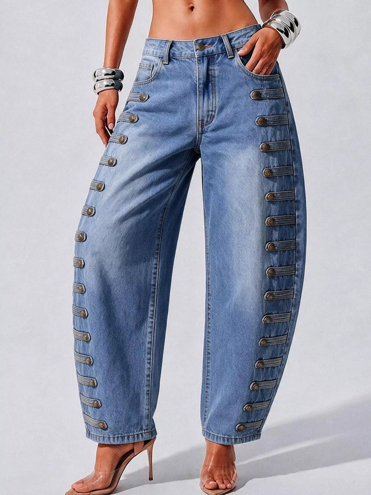 decorative button wide leg jeans – buttoned,pocketed | dropsona - neutral - size reference