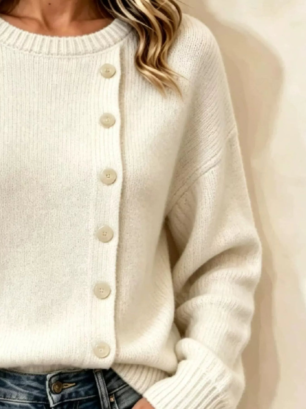decorative button dropped shoulder sweater – buttoned | dropsona - neutral - material texture