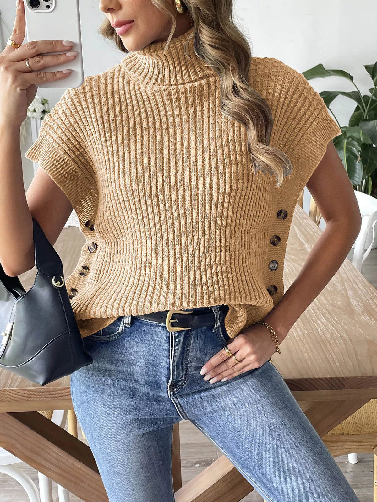 ribbed turtleneck sweater with side button detail | dropsona - neutral - packaging