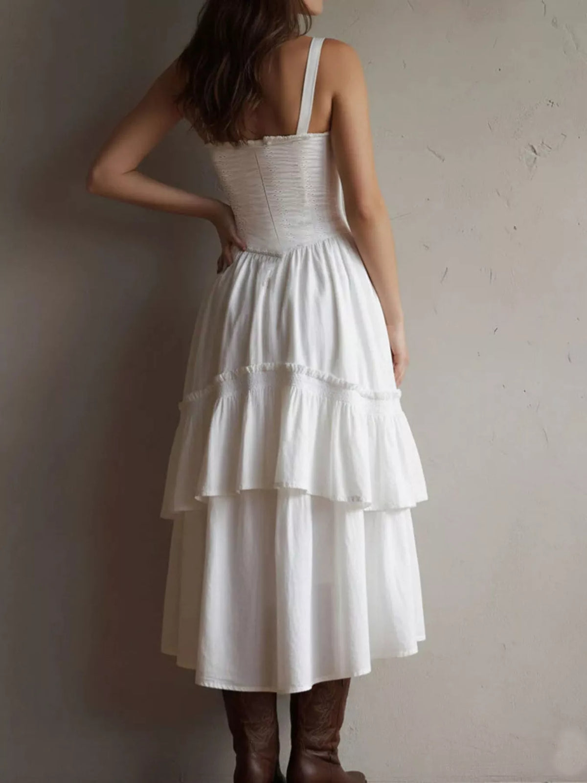full size layered ruffle midi dress plus | dropsona - neutral - close-up detail