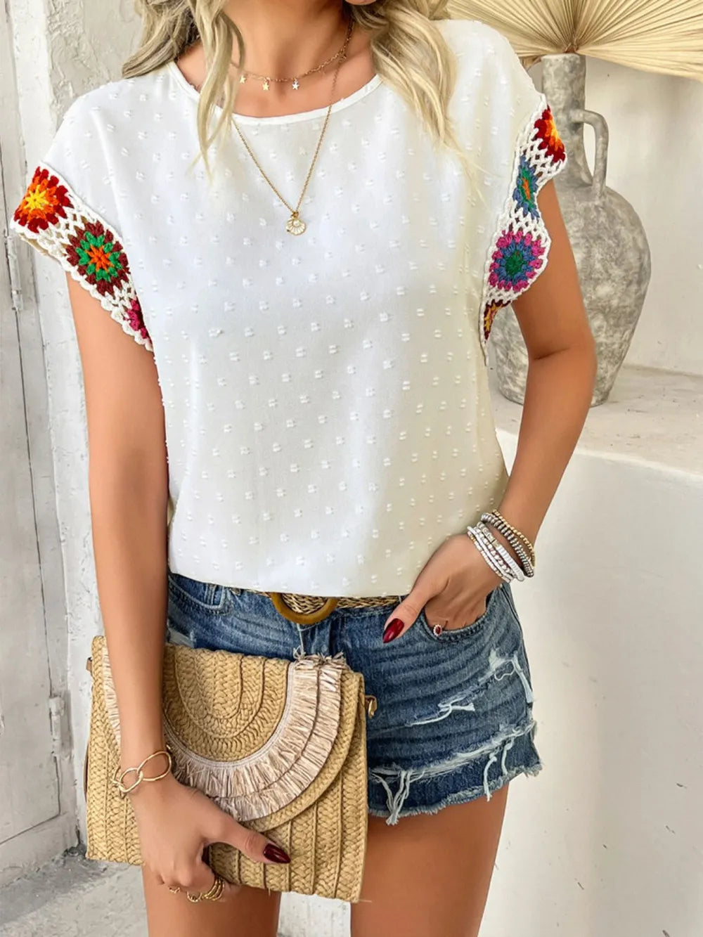 devine swiss dot round neck crochet short sleeve top - front view