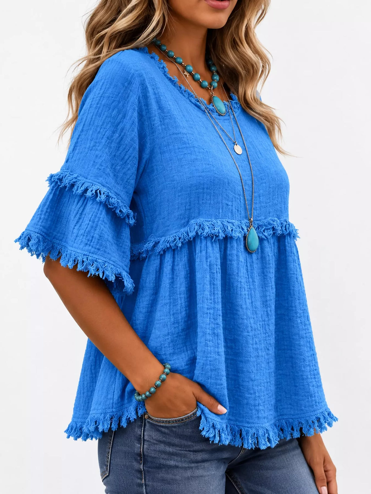 full size frayed edge textured blouse plus | dropsona - neutral - size reference