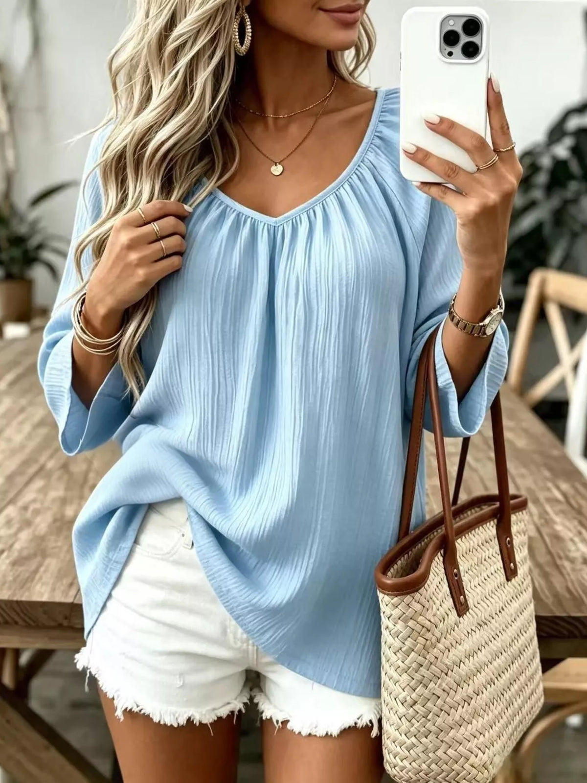 full size textured v-neck casual t-shirt plus | dropsona - neutral - material texture