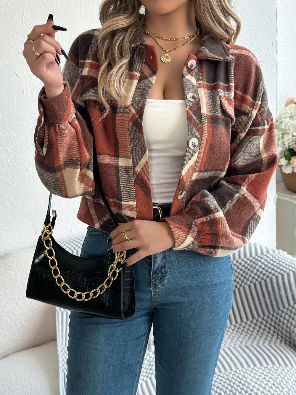 plaid button up long sleeve jacket – buttoned | dropsona - neutral - front view