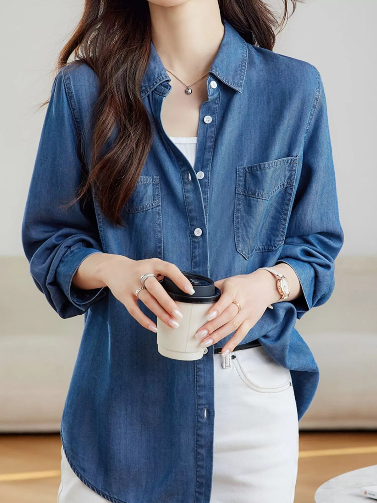 button-down denim shirt with dual chest pockets | dropsona - neutral - everyday use