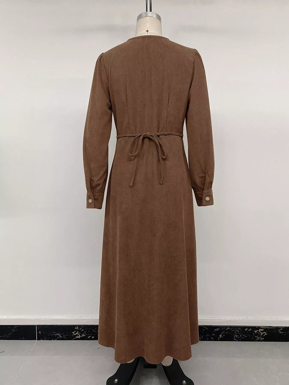 corduroy button-down maxi dress – buttoned,tied,slit | dropsona - neutral - packaging