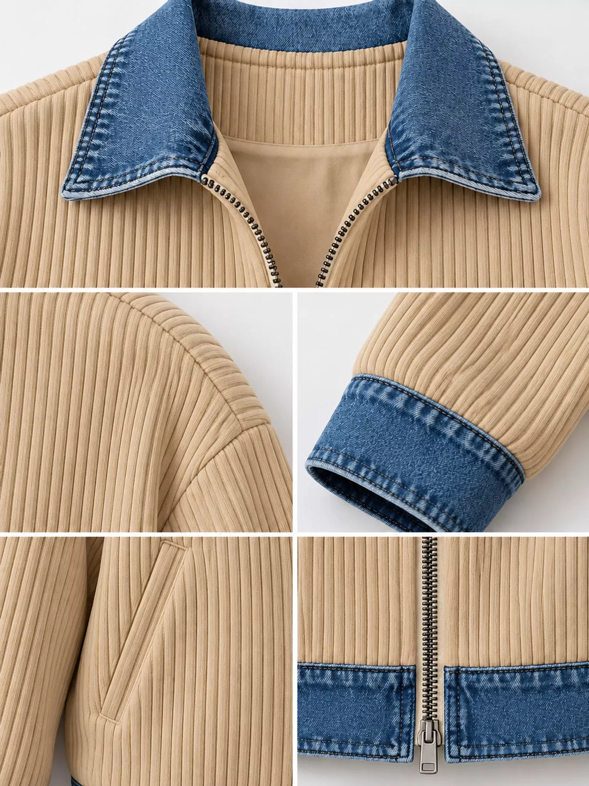full size denim-collar ribbed knit zip-up jacket plus | dropsona - neutral - size reference