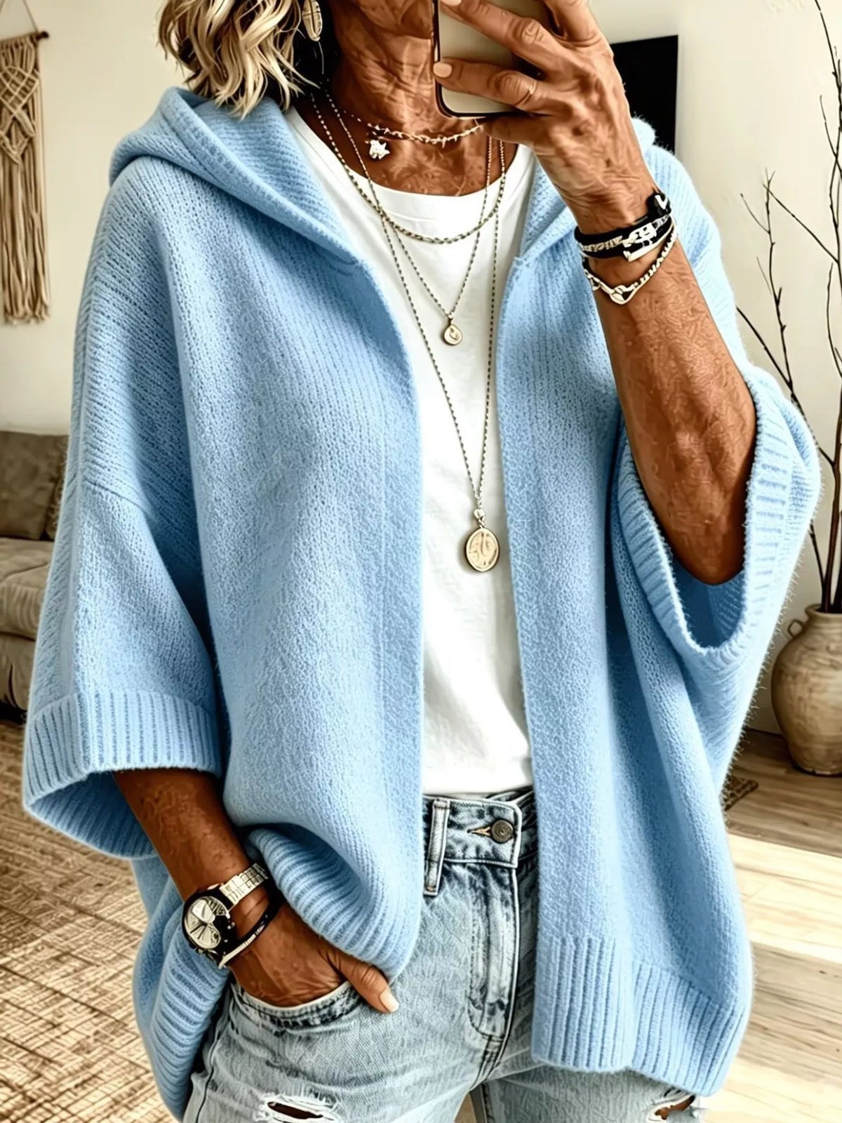 full size hooded open-front knit cardigan plus | dropsona - neutral - usage example