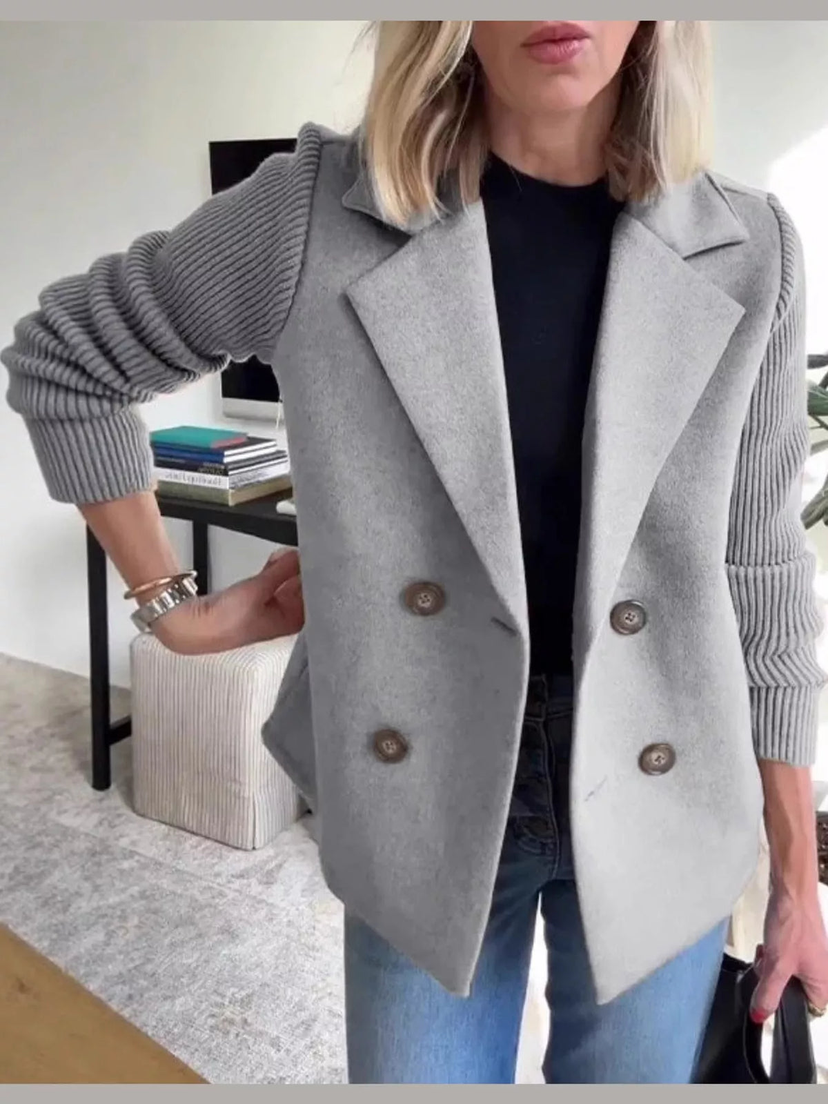 full size double-breasted lapel collar blazer plus | dropsona - neutral - packaging