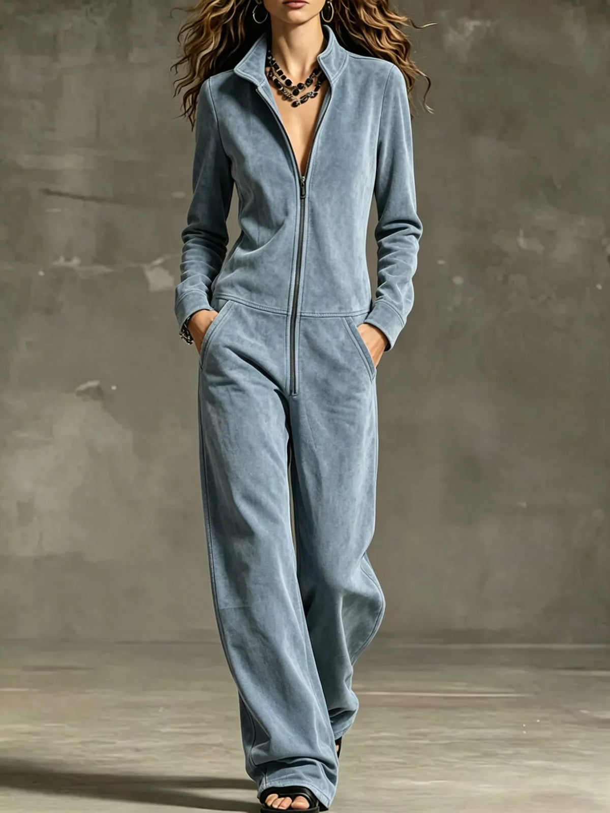 full size chic velour zip-up jumpsuit with pockets | dropsona - neutral - usage example