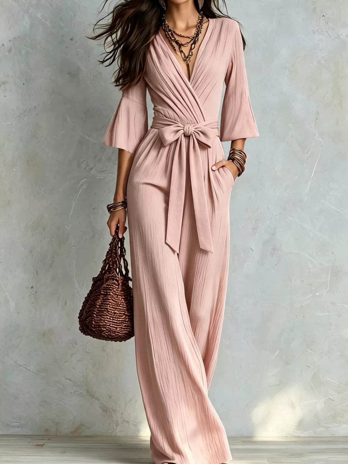 pleated wide-leg jumpsuit with tie-waist | dropsona - neutral - size reference