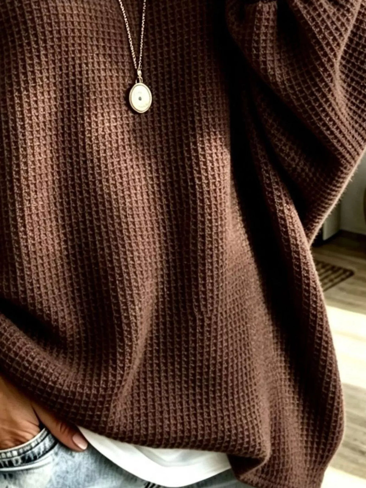 full size waffle knit boat neck sweatshirt plus | dropsona - neutral - usage example