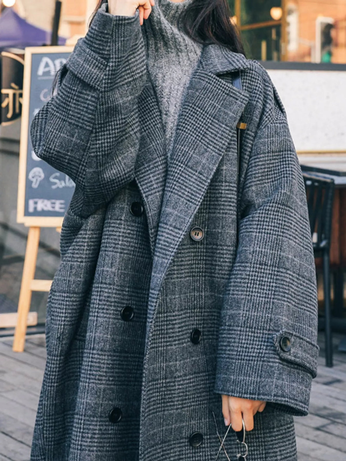 plaid double-breasted longline overcoat | dropsona - neutral - front view