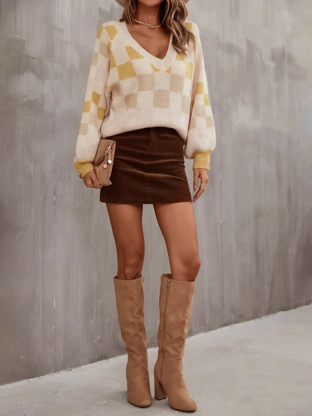 angel wings checkered v-neck lantern sleeve sweater | dropsona - neutral - usage example