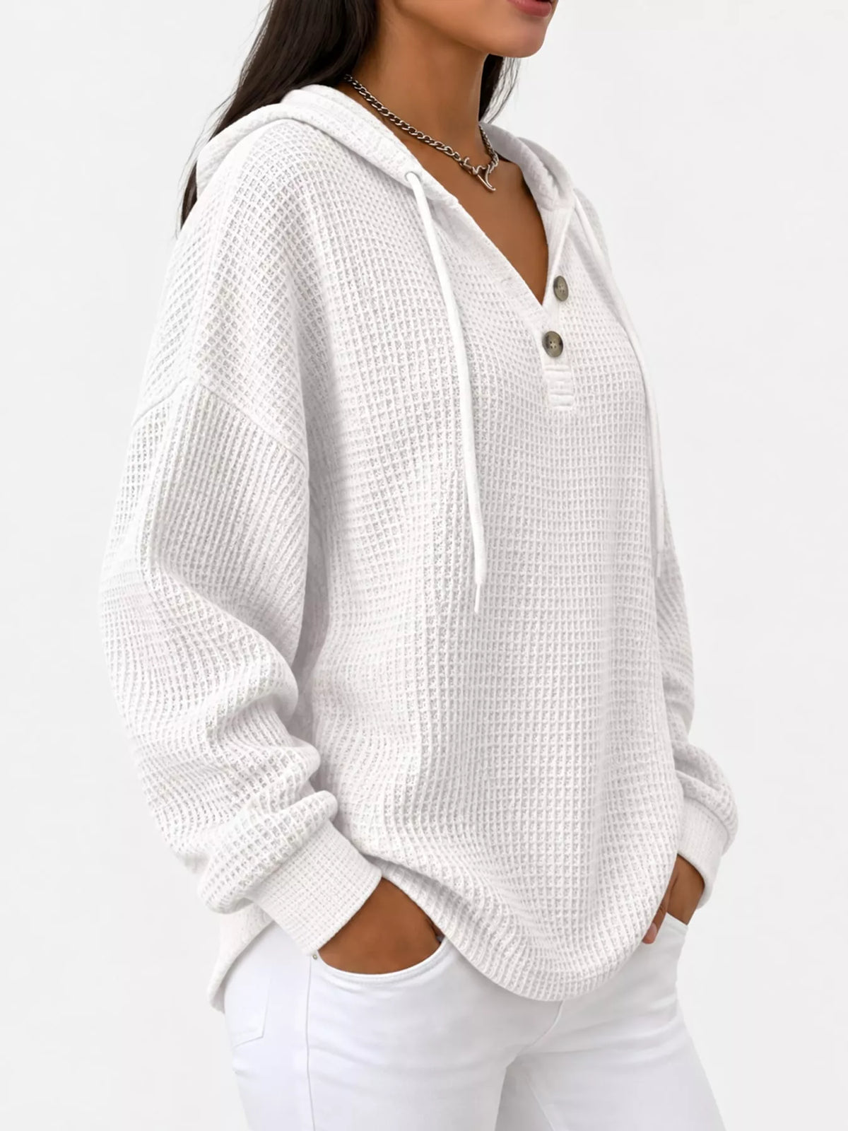 full size waffle knit button detail hoodie plus | dropsona - neutral - front view