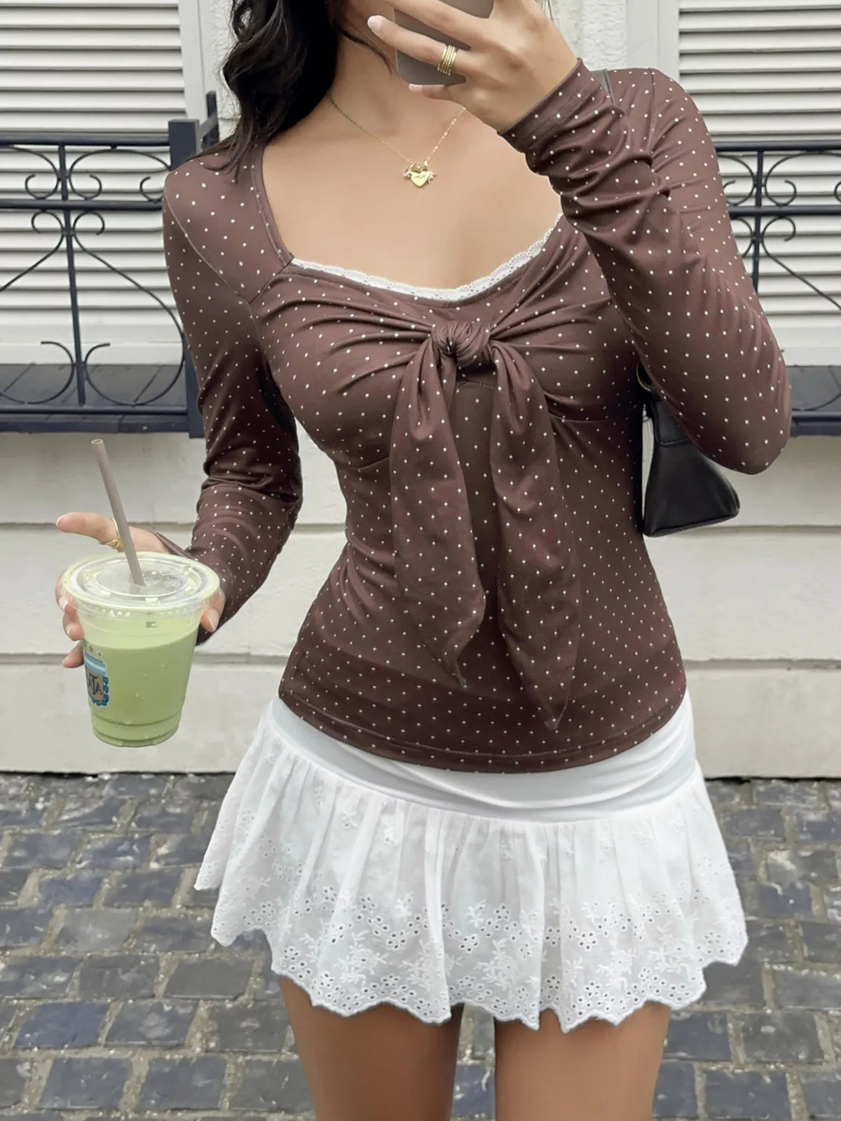 polka dot long sleeve blouse with front tie and lace | dropsona - neutral - front view