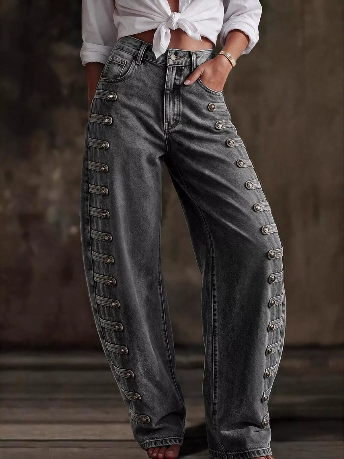 decorative button wide leg jeans – buttoned,pocketed | dropsona - neutral - usage example