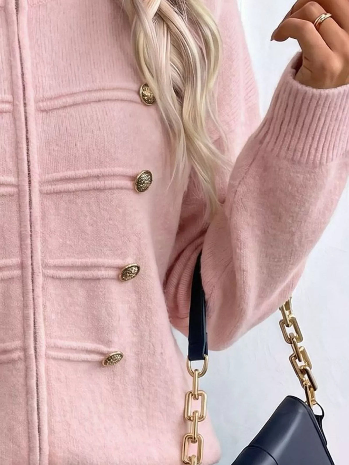 zip-up long sleeve cardigan – decorative button | dropsona - neutral - front view
