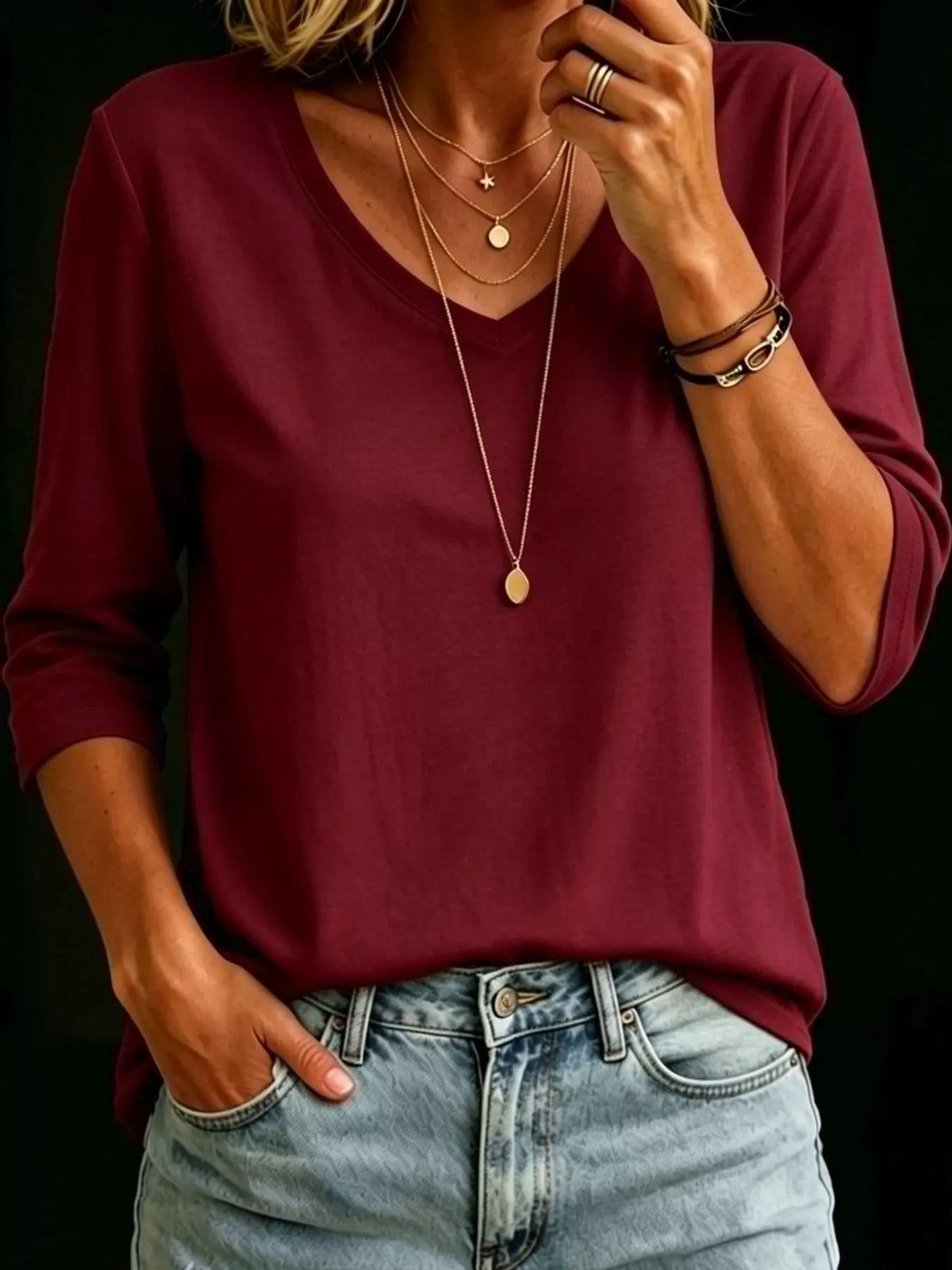 full size v-neck half sleeve t-shirt plus | dropsona - neutral - close-up detail