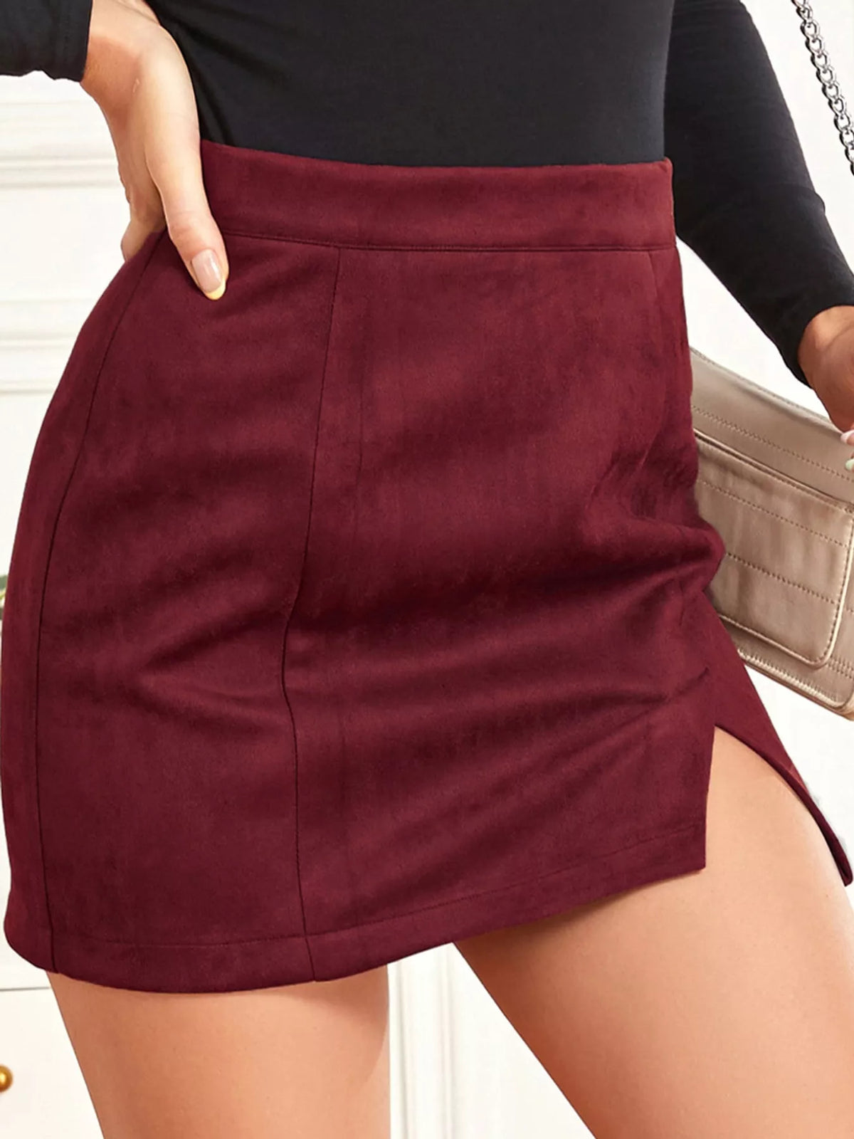 high-waisted slit skirt – zipper, slit, seam detail | dropsona - neutral - packaging