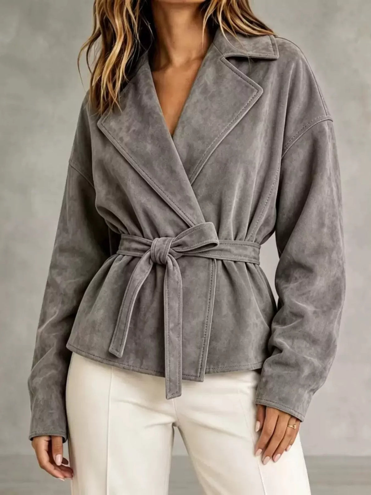tie-waist lapel collar jacket – yeesh | dropsona - neutral - size reference