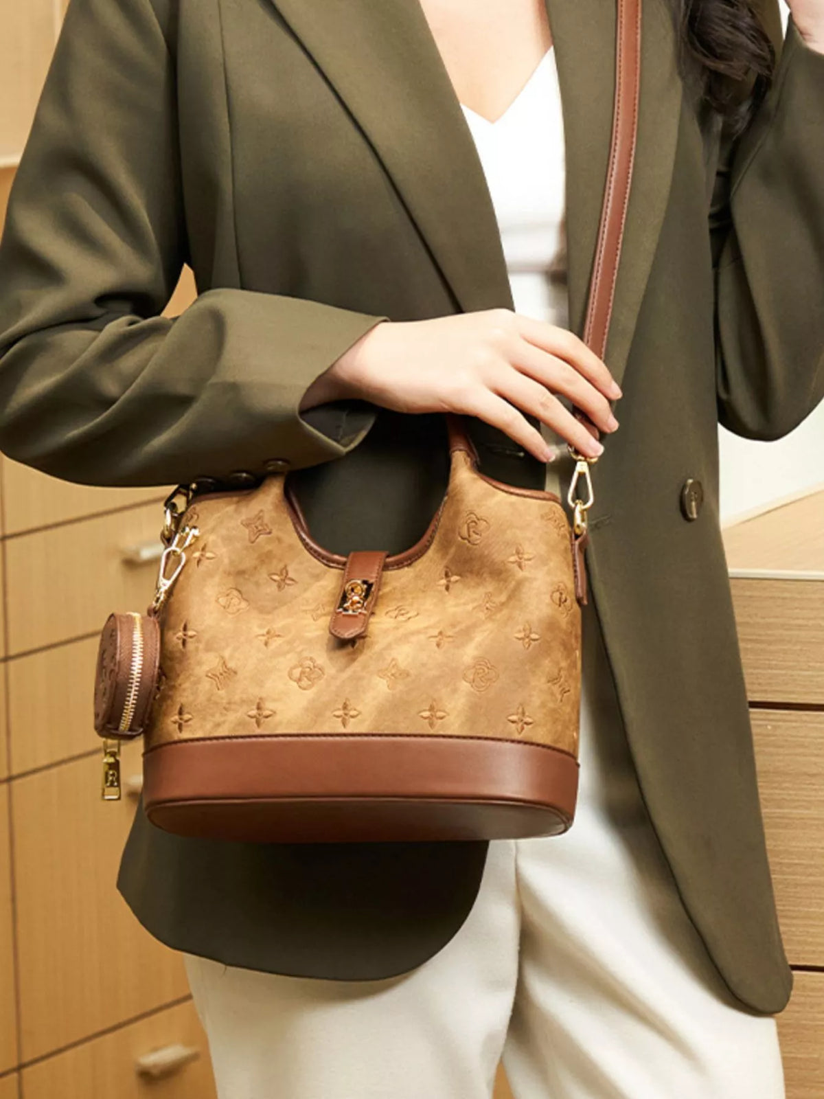 embossed crossbody bag with detachable coin pouch | dropsona - neutral - packaging