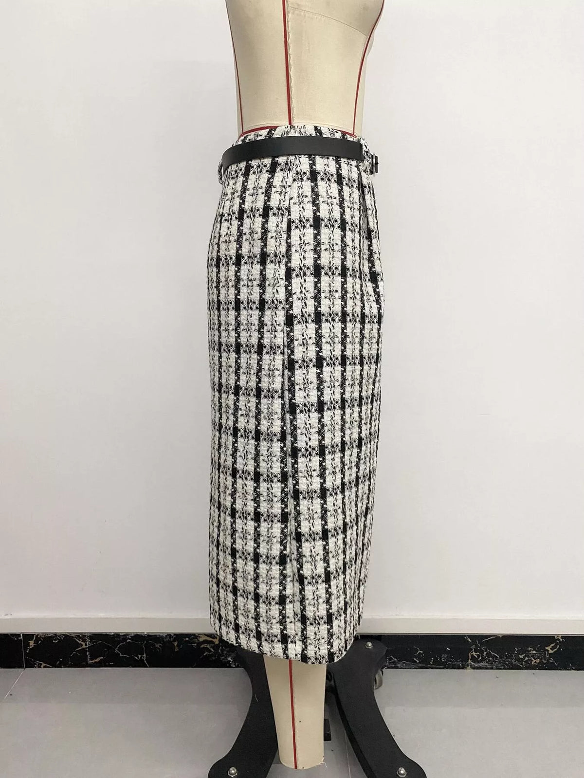 high-waisted tweed plaid midi skirt | dropsona - neutral - front view